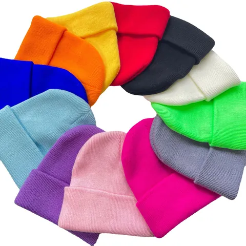 Bonnet en Tricot à Côtes Couleur Unie pour Enfants et Adultes Chaud Hiver avec Revers en Acrylique Extérieur Casual