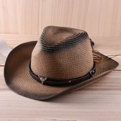 Western Cowboy Straw Hat Gradient Sun Protection Hat With Bull Head Leather Band Rivets Adjustable Wind Rope Unisex Outdoor Travel Hat