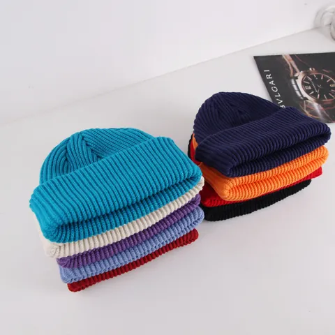 Solid Color Acrylic Ribbed Knit Beanie Hat For Men Women Autumn Winter Warm Thick Folded Cuff Melon Skin Hat Unisex Knitted Skull Cap