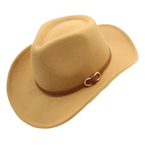 Vintage Western Woolen Felt Cowboy Hat For Women Men Wide Brim Jazz Fedora Hat With Leather Belt Metal Buckle Sun Hat