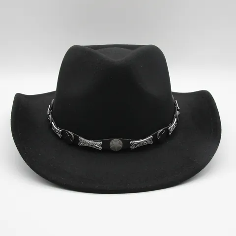 Vintage Westlicher Cowboyhut Für Damen Herren Baumwolle Polyester Filzhut Mit Gürtel Metallstern Dekoration Breite Krempe Fedora Outdoor Hut