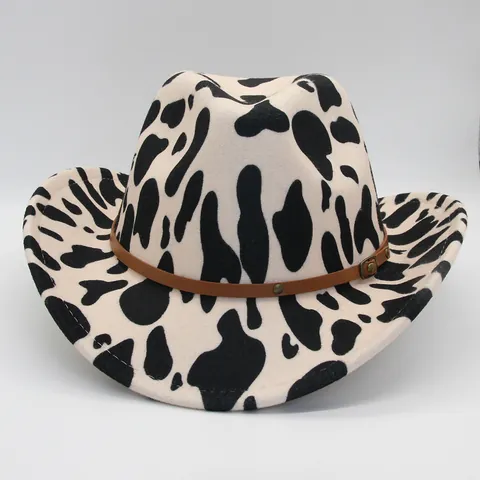 Vintage Cowboyhoed Met Koeienprint Westerse Vilt Brede Rand Fedora Hoed Met Riem Klinknagel Voor Vrouwen Mannen Outdoor Reizen Jazz Pet