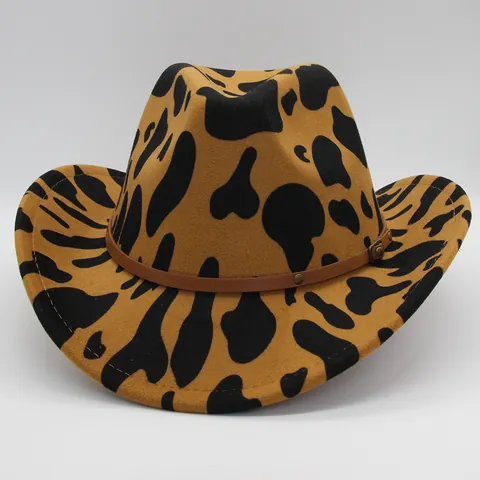Vintage Cowboyhoed Met Koeienprint Westerse Vilt Brede Rand Fedora Hoed Met Riem Klinknagel Voor Vrouwen Mannen Outdoor Reizen Jazz Pet