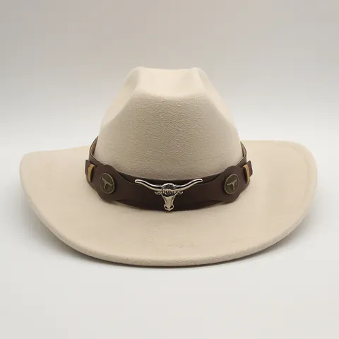 Chapeau de Cow-boy de l'Ouest Vintage pour Hommes Femmes Feutre de Laine Large Bord Jazz Fedora Avec Décor en Métal Tête de Taureau