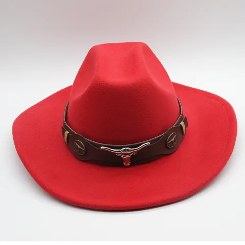 Chapeau de Cow-boy de l'Ouest Vintage pour Hommes Femmes Feutre de Laine Large Bord Jazz Fedora Avec Décor en Métal Tête de Taureau