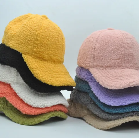 Kids Winter Warm Baseball Cap Lamb Wool Sherpa Fleece Plain Solid Color Adjustable Peak Hat For Boys Girls Outdoor Childrens Cap