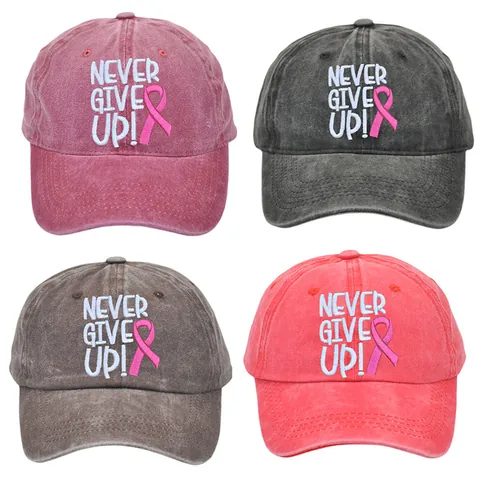 Washed Cotton Baseball Cap Breast Cancer Awareness Pink Ribbon Never Give Up Embroidered Outdoor Sun Hat For Women Adjustable