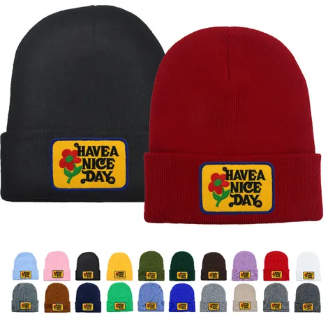 Women's Acrylic Knitted Beanie Hat Have A Nice Day Flower Patch Winter Warm Windproof Outdoor Streetwear Fashion Headwear