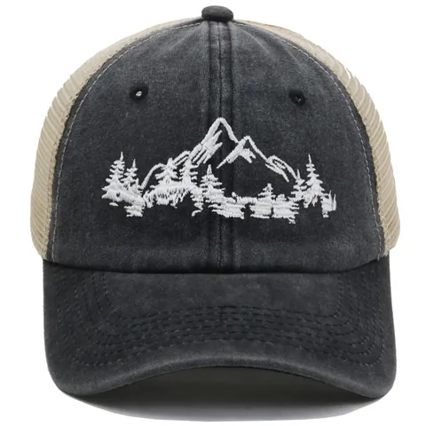 Vintage Gewaschene Baumwolle Bergwald Stickerei Trucker Hut Atmungsaktiv Mesh Baseballkappe Für Outdoor Wandern Angeln Sonnenschutz Hut