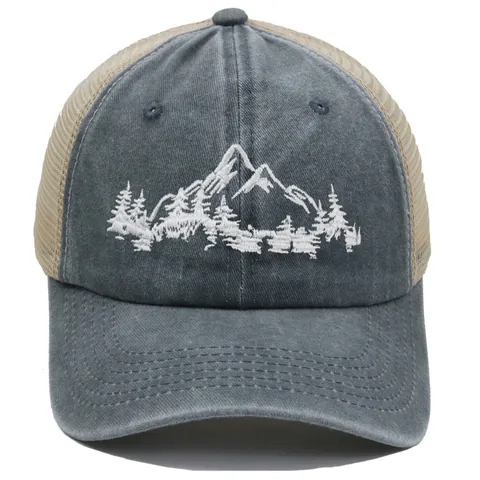 Vintage Gewaschene Baumwolle Bergwald Stickerei Trucker Hut Atmungsaktiv Mesh Baseballkappe Für Outdoor Wandern Angeln Sonnenschutz Hut