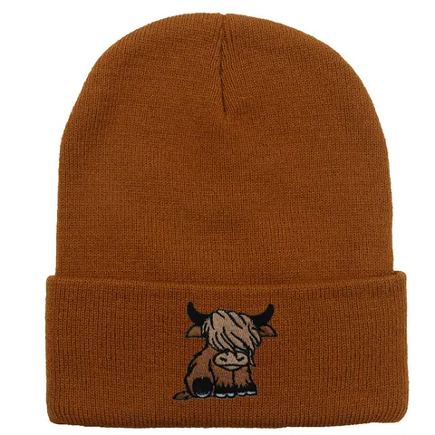 Berretto in Maglia di Acrilico Caldo Invernale per Donna Uomo Ricamo Mucca Highland Costine con Risvolto Moda Esterna