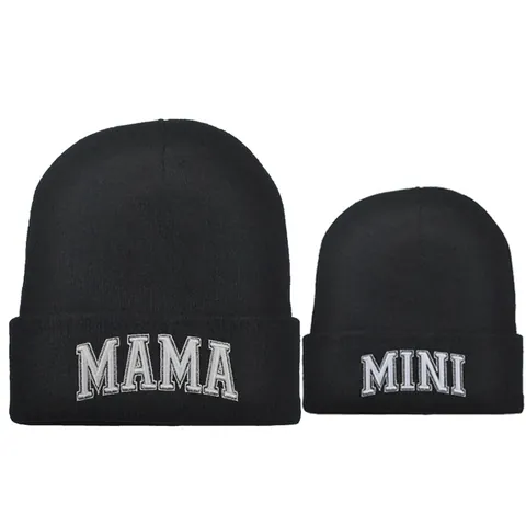 Bonnet en Tricot Acrylique pour Femmes Enfants MAMA MINI Broderie de Lettres Hiver Chaud Revers Nervuré Skull Cap Couvre-chef