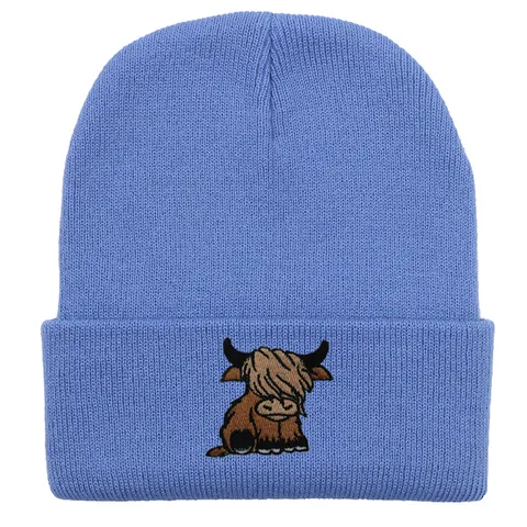 Berretto in Maglia di Acrilico Caldo Invernale per Donna Uomo Ricamo Mucca Highland Costine con Risvolto Moda Esterna