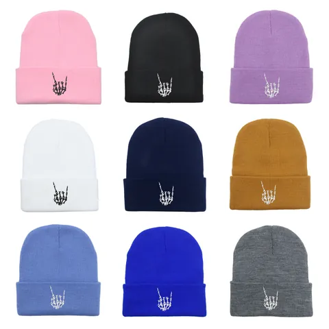 Berretto in Maglia Ricamato Con Mano di Scheletro Motivo Teschio di Halloween Caldo Cappello Invernale da Sci Per Uomo Donna Streetwear Punk Rock Cappello in Acrilico