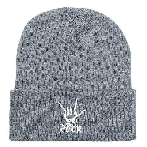 Berretto in Maglia con Ricamo Gesto Rock per Uomo Donna Caldo Inverno Risvolto a Costine Acrilico Berretto Hip Hop Streetwear