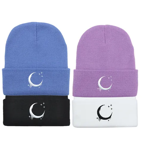 Berretto Invernale In Maglia Di Acrilico Con Ricamo Luna E Stelle Cappello Caldo Con Risvolto Per Ciclismo All'Aperto Street Style Uomo Donna