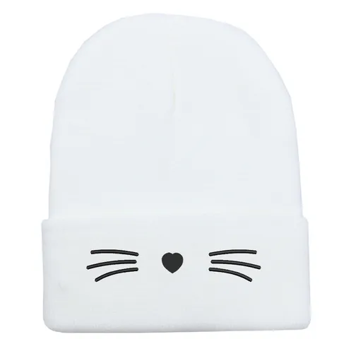 Berretto da Donna in Maglia con Ricamo a Faccia di Gatto Morbido Caldo Acrilico Invernale con Motivo a Cuore e Baffi