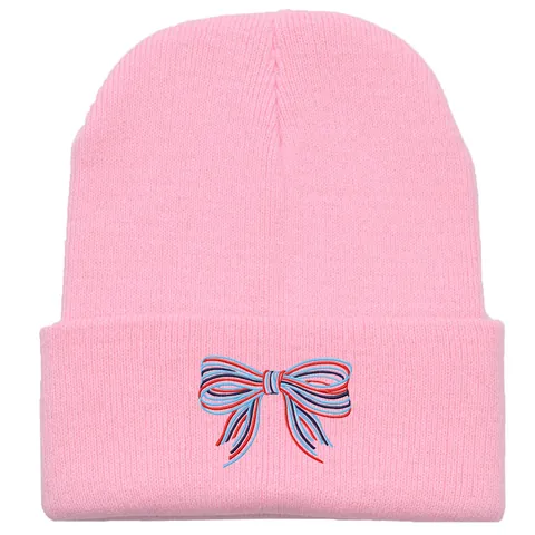 Bonnet en Tricot Acrylique pour Hommes Femmes Style Japonais Broderie Nœud Coloré Chaud Côtelette Bonnet d'Hiver Extérieur
