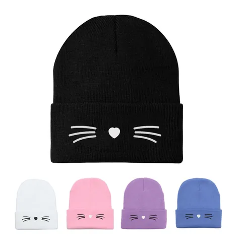 Berretto da Donna in Maglia con Ricamo a Faccia di Gatto Morbido Caldo Acrilico Invernale con Motivo a Cuore e Baffi
