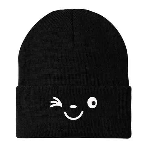 Women Smiley Face Embroidery Knitted Beanie Warm Winter Windproof Soft Acrylic Solid Color Thermal Skull Cap For Students