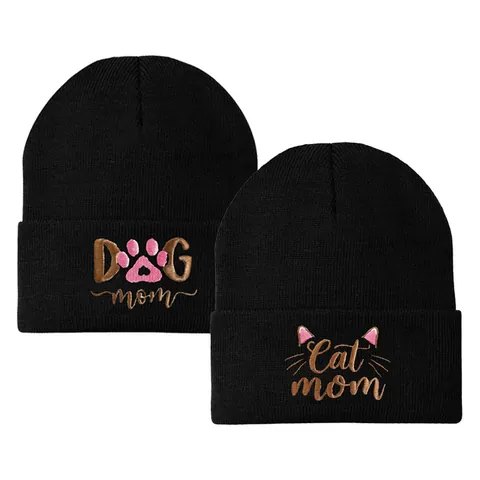 Berretto in Maglia di Acrilico Ricamato Mamma Gatto Mamma Cane per Donna Inverno Caldo Termico Simpatico Motivo Zampa e Orecchie