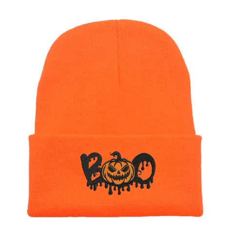 Bonnet en Tricot Brodé Citrouille Fantôme Halloween Acrylique Hiver Chaud Bonnet à Revers Pour Hommes Femmes Hip Hop