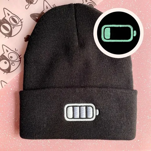 Luminous Battery Embroidery Knit Beanie Hat For Men Women Winter Warm Windproof Cuffed Beanie Soft Acrylic Outdoor Daily Cap