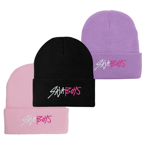 Kpop SAJA BOYS Embroidered Knit Beanie For Men Women Winter Warm Windproof Cuffed Streetwear Skull Cap Fashion Hat