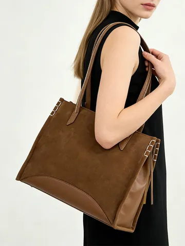Sac Fourre-tout en Cuir PU Texture Daim Mat Grande Capacité Pour Femmes Minimaliste Urbain Sac à Main Surpiqué Pour Le Quotidien