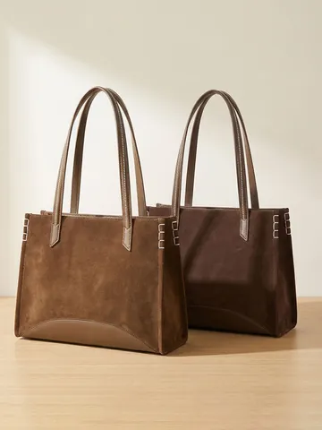 Sac Fourre-tout en Cuir PU Texture Daim Mat Grande Capacité Pour Femmes Minimaliste Urbain Sac à Main Surpiqué Pour Le Quotidien