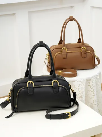 Women Vintage PU Leather Boston Bag Large Capacity Gold Hardware Top Handle Crossbody Shoulder Bag For Daily Commute
