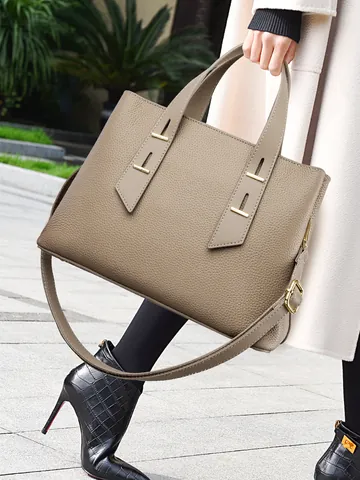 Bolso Tote de Cuero Genuino para Mujer Gris Elefante Gran Capacidad Elegante Bolso de Mano Con Correa Desmontable