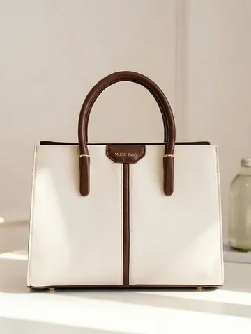 Women Minimalist Contrast Color PU Leather Tote Bag Large Capacity Handbag Office Commute Fashion Shoulder Bag With Top Handle