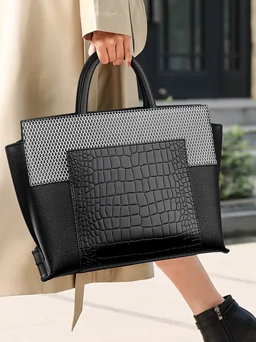Women Vintage Crocodile Pattern PU Leather Tote Bag Large Capacity Patchwork Handbag With Detachable Strap For Office Daily Commute
