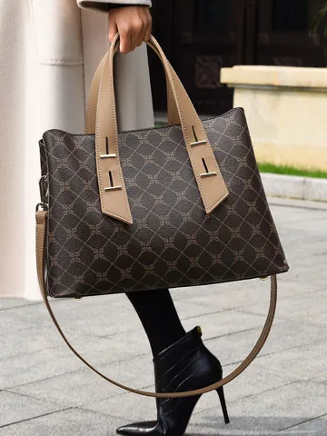 Borsa Tote da Donna in PVC con Stampa Vintage Grande Capacità Borsa a Mano a Tracolla per Ufficio Pendolare Elegante Lady