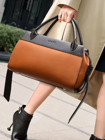 Modische Damen PU Leder Boston Tasche Große Kapazität Farbblock Handtasche Vintage Pendeln Schultertasche Mit Tragegriff