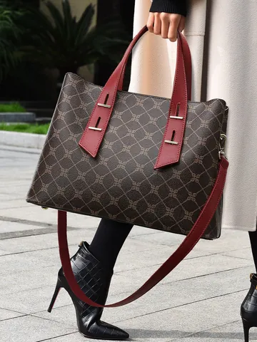 Borsa Tote da Donna in PVC con Stampa Vintage Grande Capacità Borsa a Mano a Tracolla per Ufficio Pendolare Elegante Lady