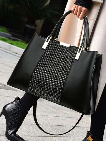 Dames Grote Capaciteit PU Leer Tote Handtas Mode Strass Borduurwerk Monogram Top Handvat Schoudertas Voor Woon-Werkverkeer Kantoor