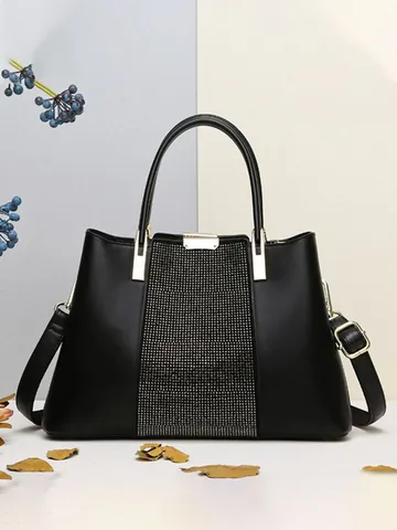 Dames Grote Capaciteit PU Leer Tote Handtas Mode Strass Borduurwerk Monogram Top Handvat Schoudertas Voor Woon-Werkverkeer Kantoor