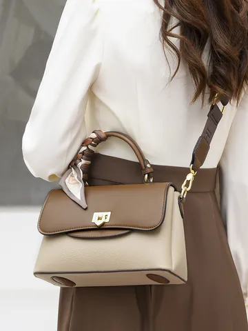 Women Contrast Color PU Leather Crossbody Bag Fashion Satin Scarf Handle Square Shoulder Bag Elegant Commuter Handbag For Daily Use