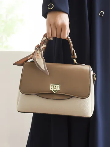 Women Contrast Color PU Leather Crossbody Bag Fashion Satin Scarf Handle Square Shoulder Bag Elegant Commuter Handbag For Daily Use