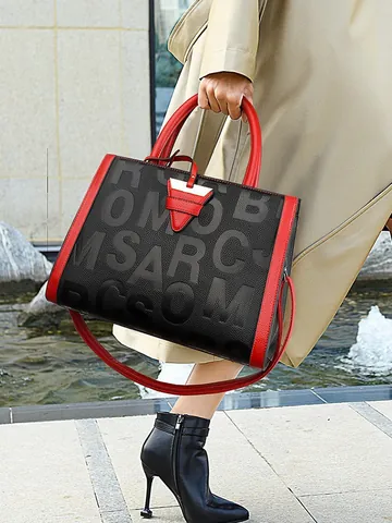 Western Vintage Embossed Letter Tote Bag Large Capacity PU Leather Contrast Color Handbag For Women Daily Commute Shoulder Bag