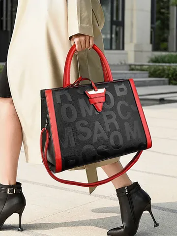 Western Vintage Embossed Letter Tote Bag Large Capacity PU Leather Contrast Color Handbag For Women Daily Commute Shoulder Bag