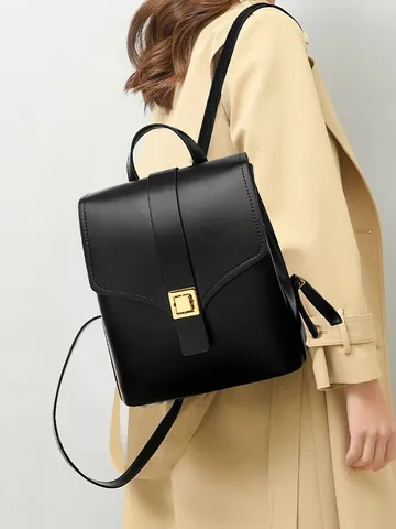 Women Fashion PU Leather Backpack Minimalist Contrast Color Bag Gold Square Buckle Large Capacity Waterproof Commute Daypack