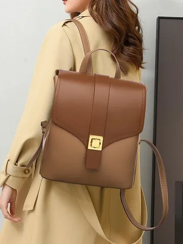 Women Fashion PU Leather Backpack Minimalist Contrast Color Bag Gold Square Buckle Large Capacity Waterproof Commute Daypack