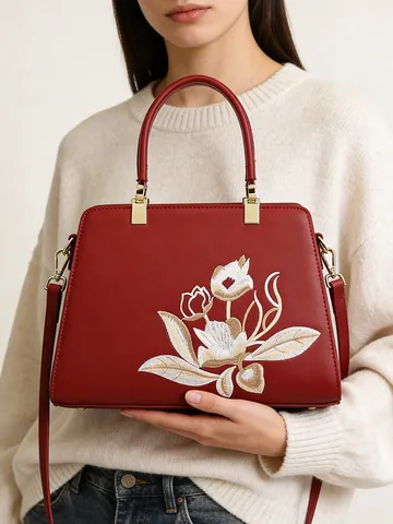 Chinese Stijl Gebloemde Geborduurde PU-Leren Handtas Voor Vrouwen Vintage Grote Capaciteit Tote Bag Met Afneembare Riem
