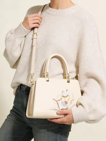 Chinese Stijl Gebloemde Geborduurde PU-Leren Handtas Voor Vrouwen Vintage Grote Capaciteit Tote Bag Met Afneembare Riem