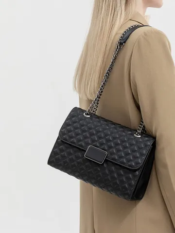 Bolso de Hombro de Moda para Mujer Rombos Acolchados Cuero PU Gran Capacidad Cadena Bolso Bandolera Urban Simple Bolso Cuadrado Pequeño Negro