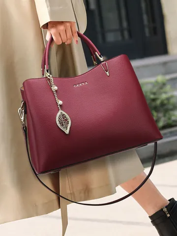Dames Grote Capaciteit PU Leer Handtas Mode Lychee Korrel Tote Tas Met Parel Blad Hanger Woon-werkverkeer Schoudertas