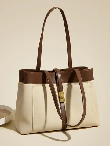 Bolso Tote de Lona Y Cuero PU para Mujer Gran Capacidad Diseño Color Block Bolso de Hombro Cierre de Giro Metálico
